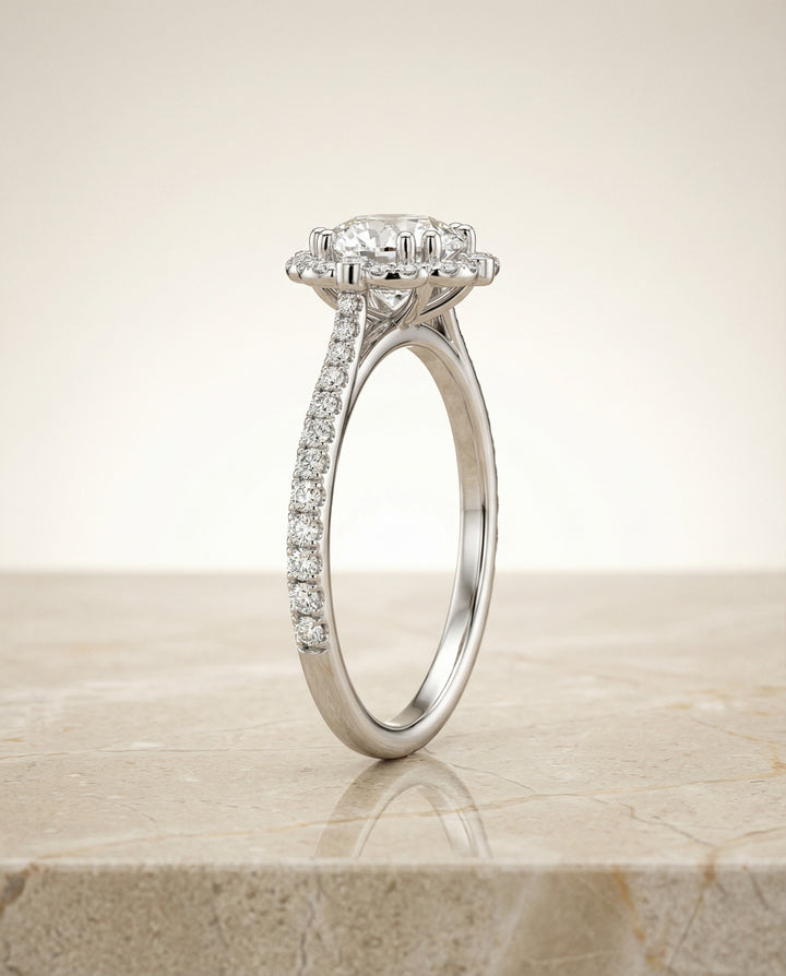 Round Brilliant, Vintage Scalloped Halo, in Platinum, pave setting – side profile | RockHer