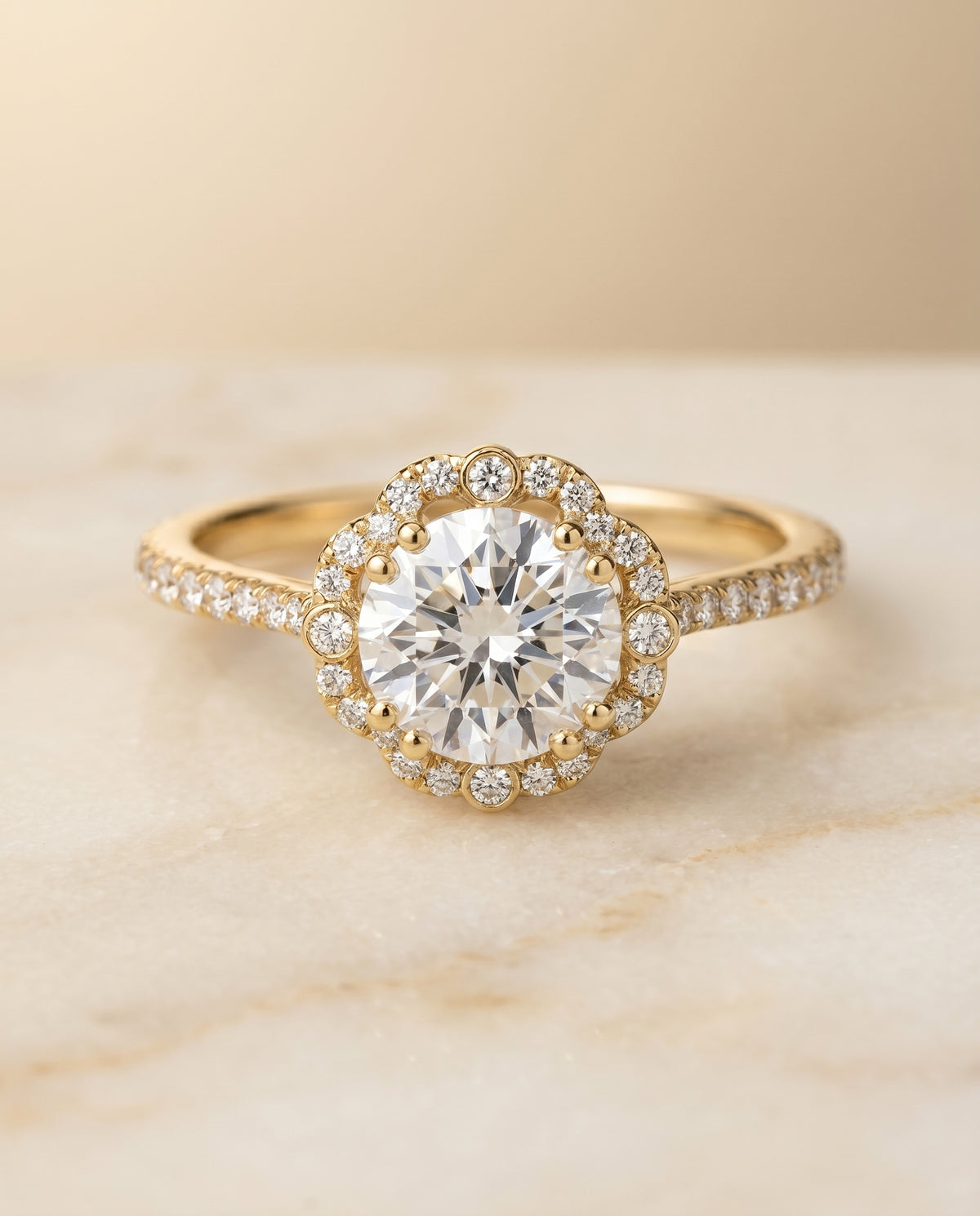 The Florence Scalloped Pavé Halo Engagement Ring Setting for Round Diamonds in 18K Yellow Gold | RockHer