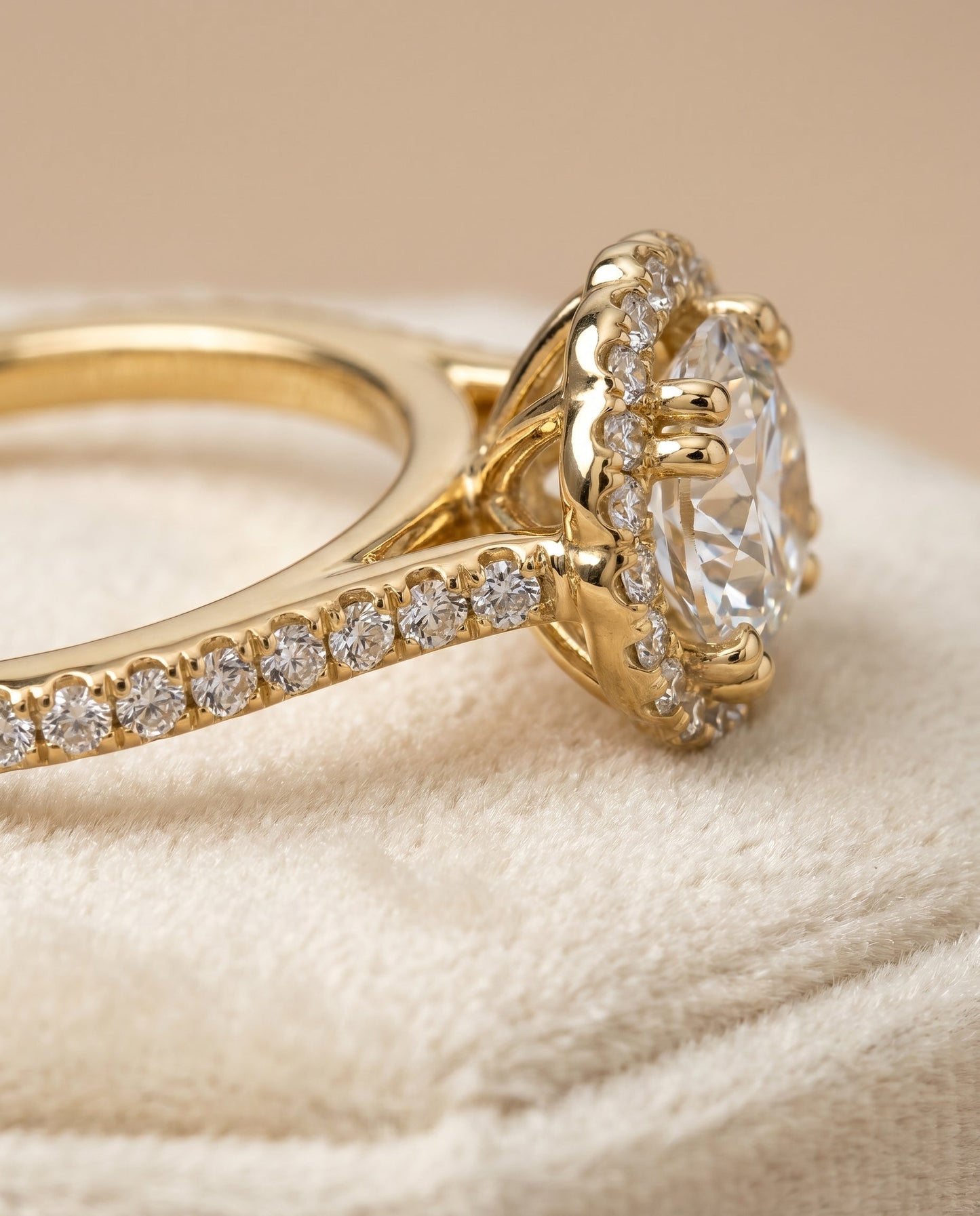 Florence Select Vintage Scalloped Halo Round Lab Diamond Engagement Ring in 18K Yellow Gold, detail view | RockHer