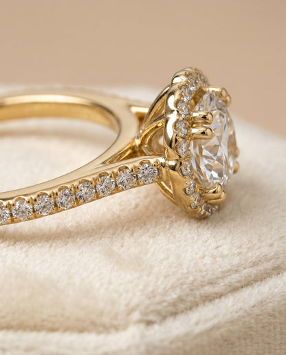 Florence Select Vintage Scalloped Halo Round Lab Diamond Engagement Ring in 18K Yellow Gold, detail view | RockHer