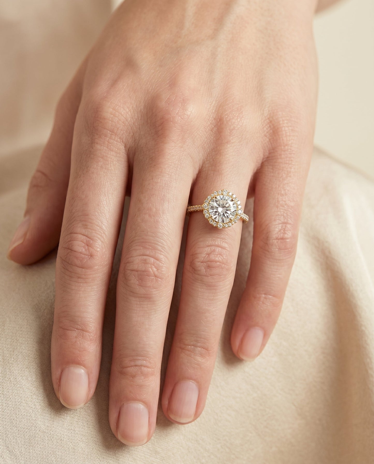 Florence Select Vintage Scalloped Halo Round Lab Diamond Engagement Ring in 18K Yellow Gold, shown on hand | RockHer