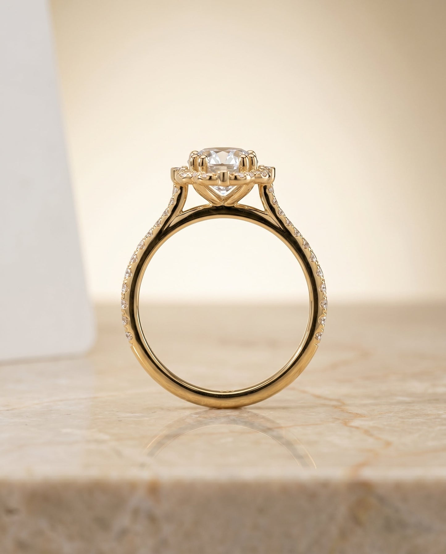 Florence Select Vintage Scalloped Halo Round Lab Diamond Engagement Ring in 18K Yellow Gold, side view | RockHer