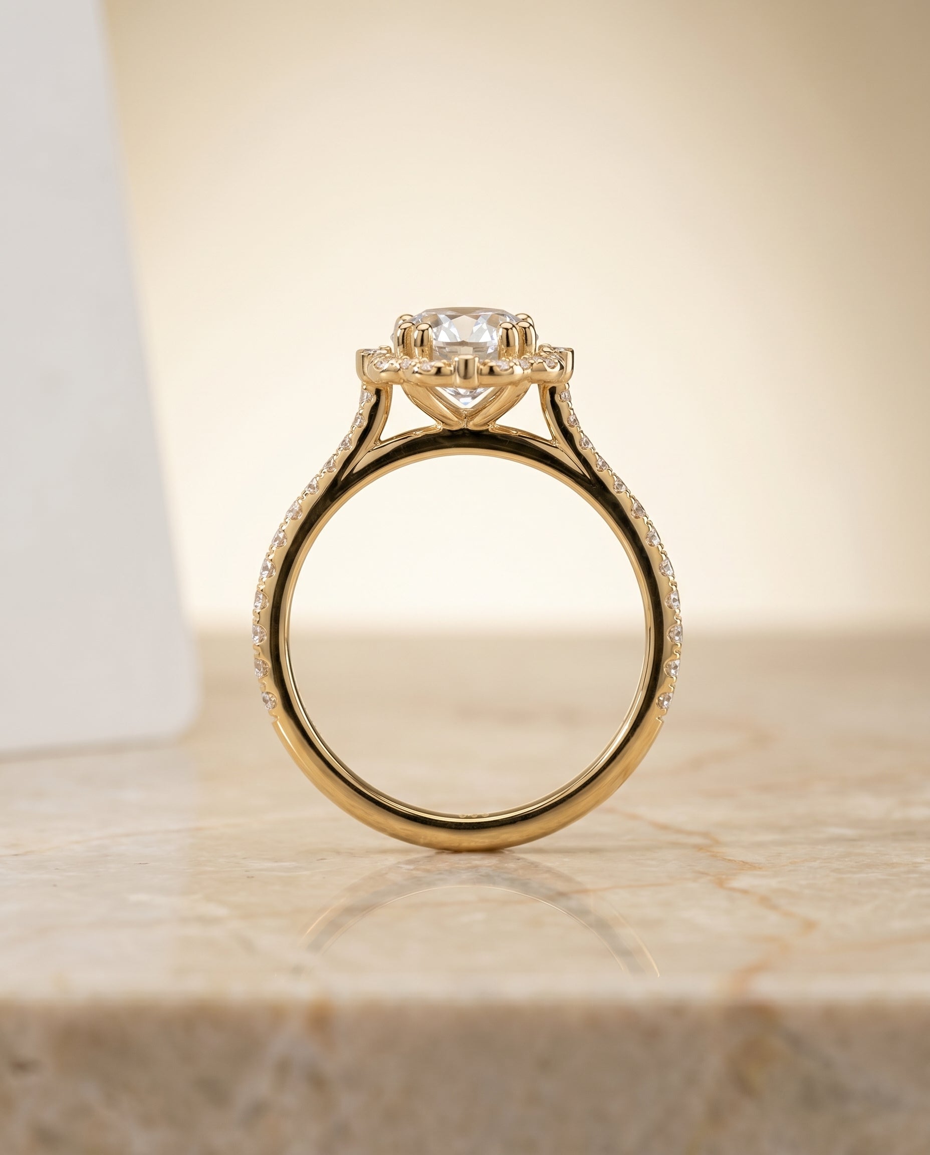 Florence Select Vintage Scalloped Halo Round Lab Diamond Engagement Ring in 18K Yellow Gold, side view | RockHer