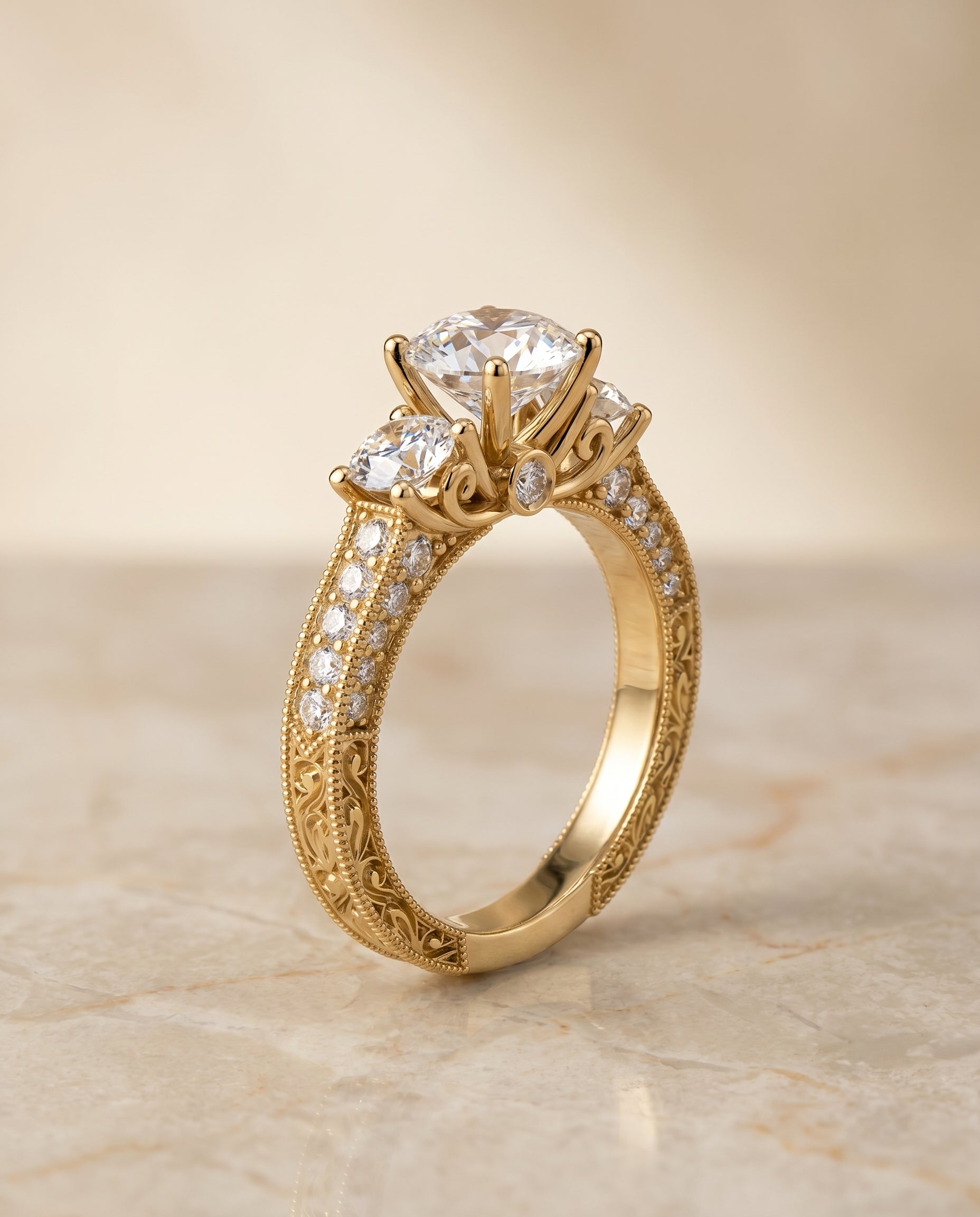 The Rosie vintage three stone engagement ring setting, shown in 18K Yellow Gold | RockHer