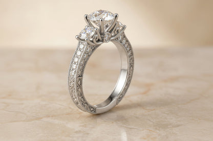 The Rosie Select vintage three stone engagement ring, shown in Platinum | RockHer
