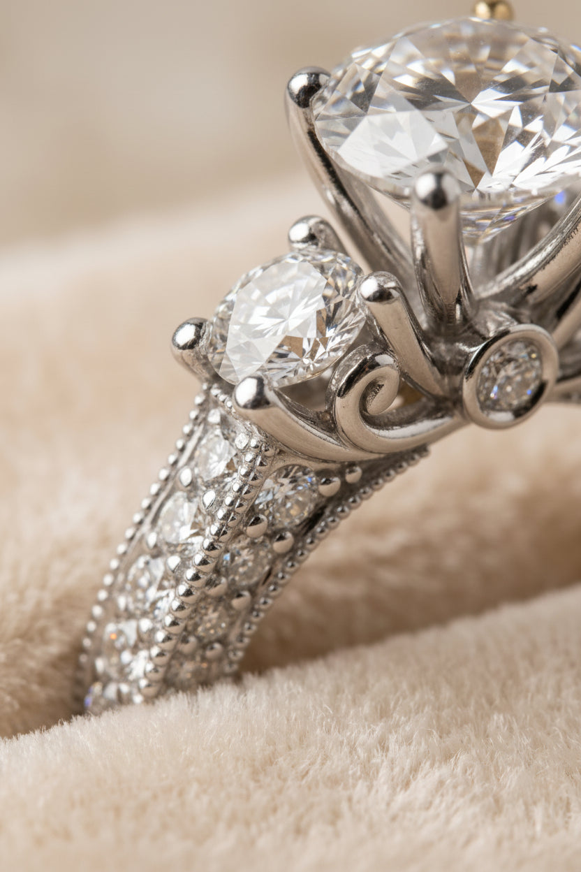 Platinum band of The Rosie Select vintage three stone engagement ring | RockHer