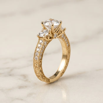 The Rosie Vintage Three Stone Round Engagement Ring Setting in 18K Yellow Gold
