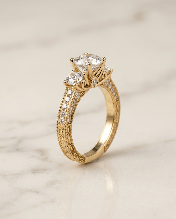 Round Brilliant, Vintage Scroll Three Stone, in 18K Yellow Gold, pave setting – front view | RockHer