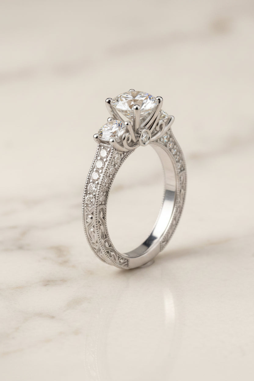 The Rosie Select vintage three stone lab diamond engagement ring in Platinum | RockHer
