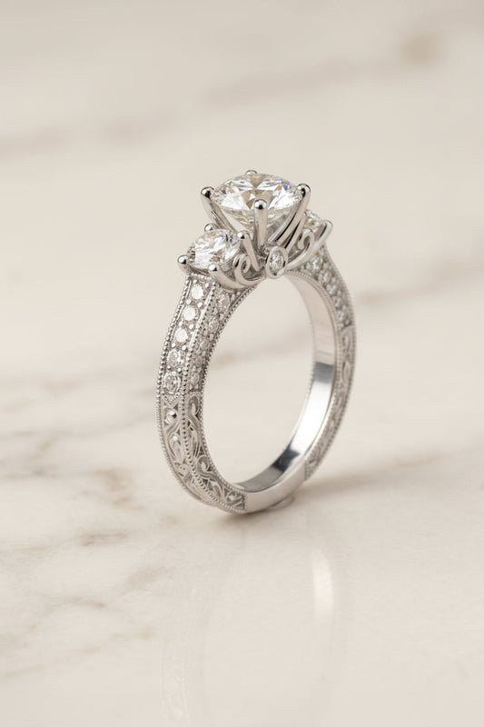 The Rosie Select vintage three stone lab diamond engagement ring in Platinum | RockHer