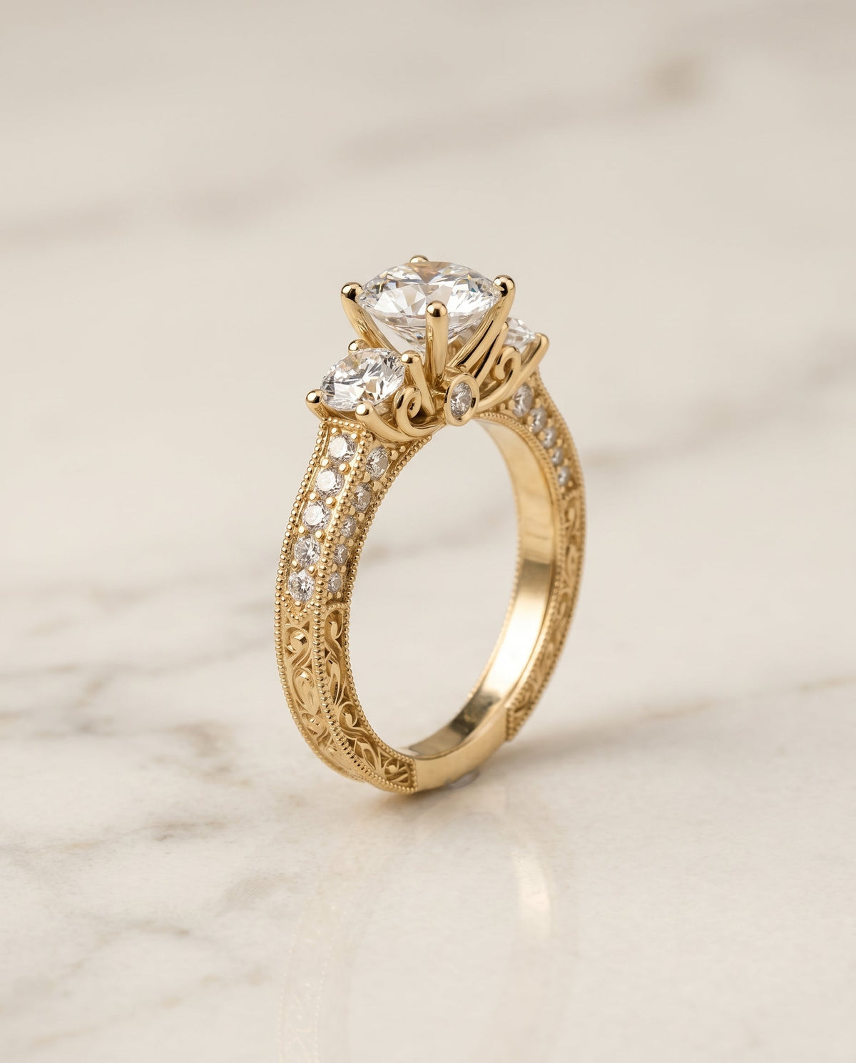 Rosie vintage scroll three stone engagement ring in 18K yellow gold with round lab diamond, RockHer