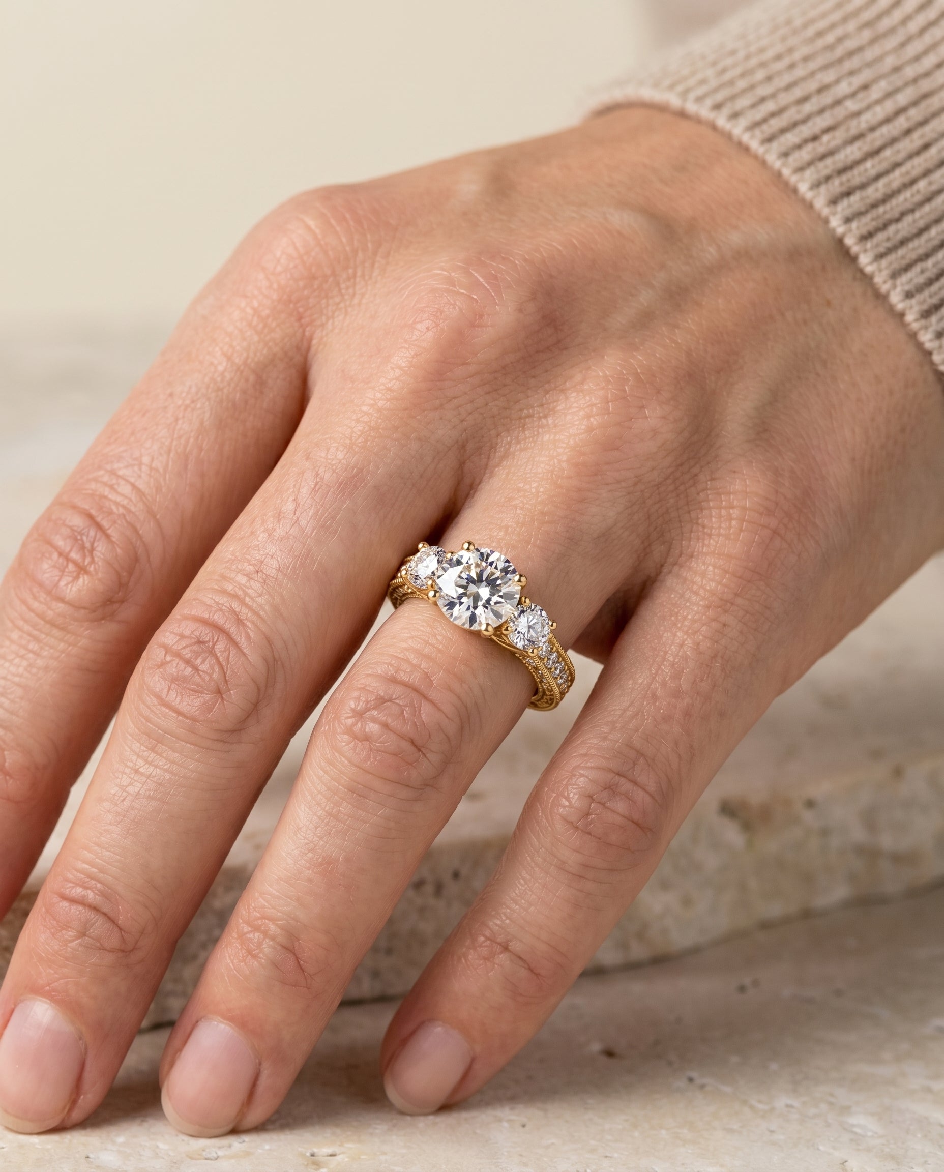 The Rosie engagement ring setting in 18K Yellow Gold, vintage three stone design | RockHer