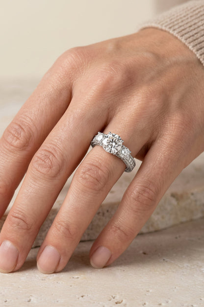 The Rosie Select engagement ring in Platinum, vintage three stone design | RockHer