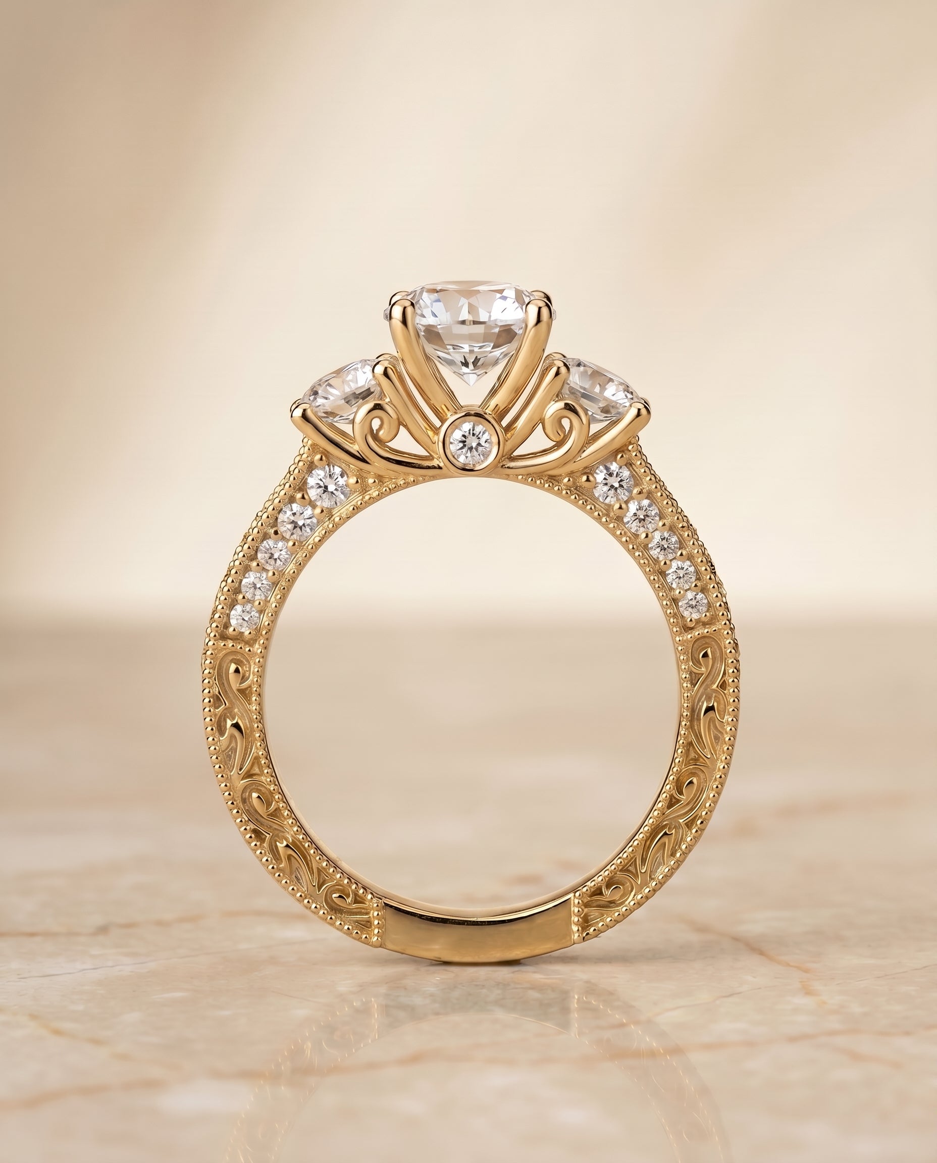 Vintage Three Stone styling on The Rosie round engagement ring setting | RockHer