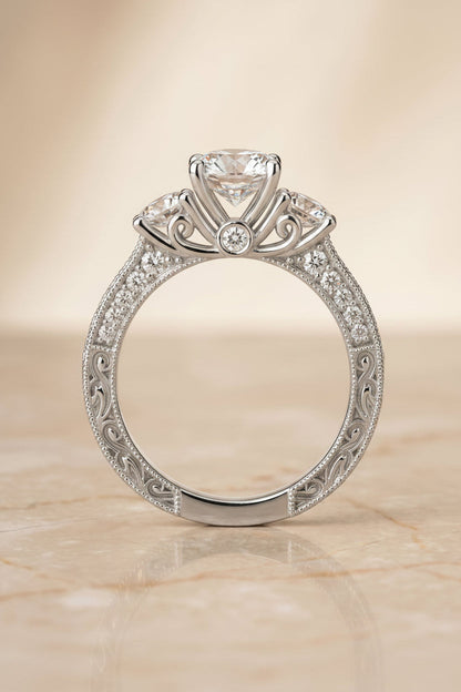 Vintage Three Stone styling on The Rosie Select engagement ring in Platinum | RockHer