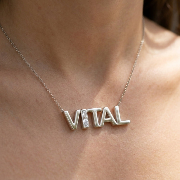 VITAL lab-grown diamond necklace in Platinum, worn on neck