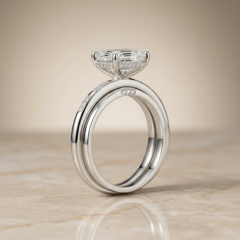 The Wanda Matching Wedding Band, Emerald in Platinum