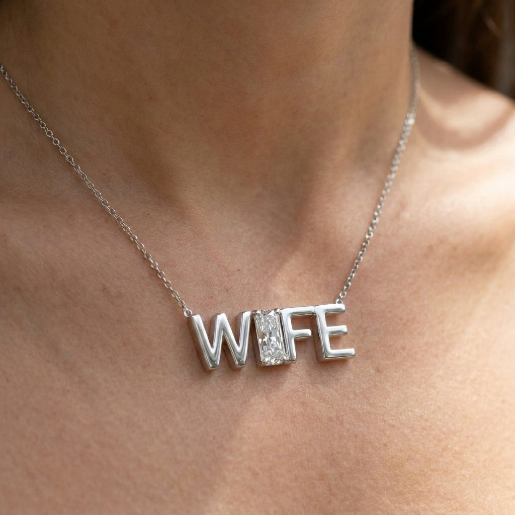 WIFE lab-grown diamond necklace in Platinum, worn on neck