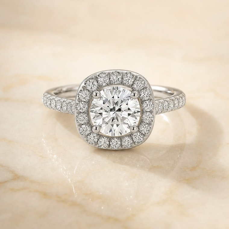 The Hymn Select Pav Halo Cushion Cut Lab Diamond Engagement Ring in Platinum