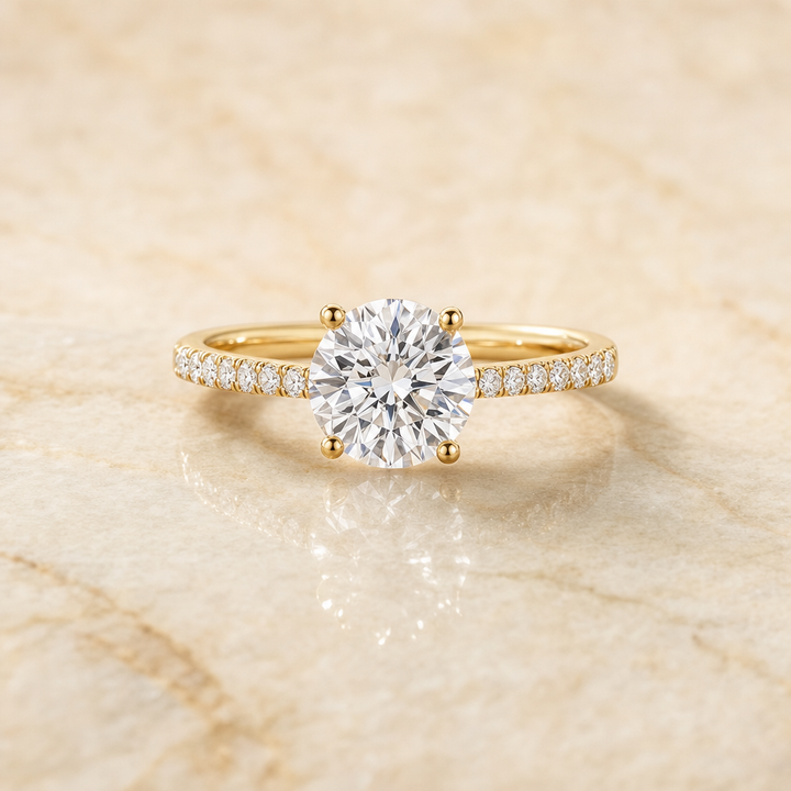 The Donna Cathedral French Pavé Solitaire Round Engagement Ring Setting in 18K Yellow Gold