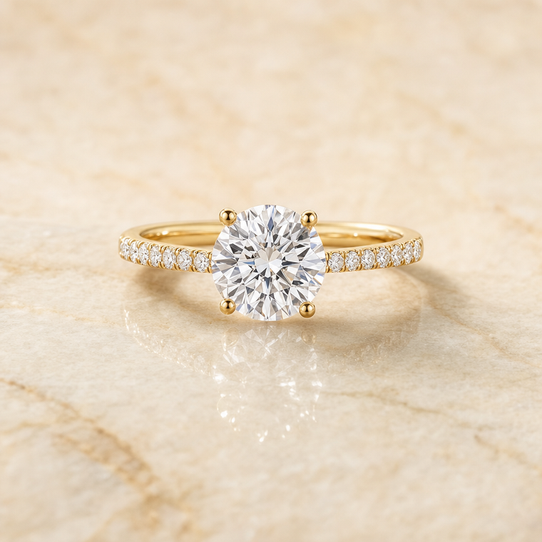 The Donna Cathedral French Pavé Solitaire Round Engagement Ring Setting in 18K Yellow Gold