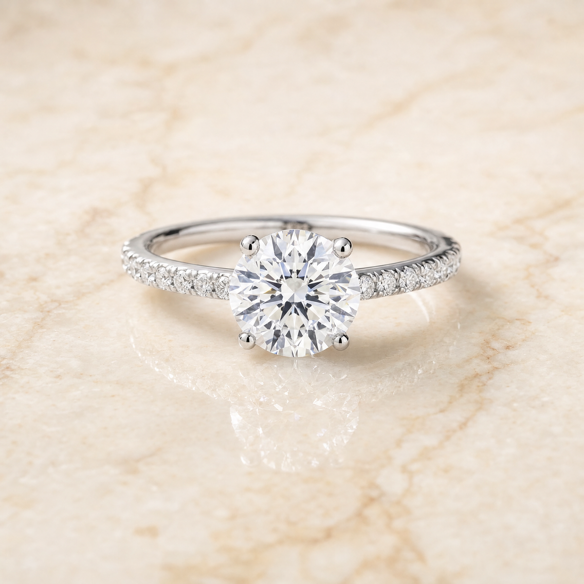 The Donna Cathedral French Pavé Solitaire Round Engagement Ring Setting in 18K White Gold