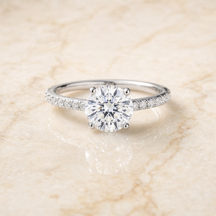 The Donna Cathedral French Pavé Solitaire Round Engagement Ring Setting in 18K White Gold