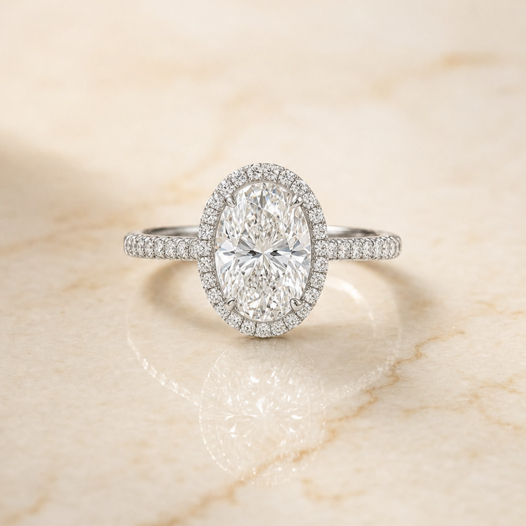 The Dylan Select Petite French Pavé Halo Oval Lab Diamond Engagement Ring in Platinum