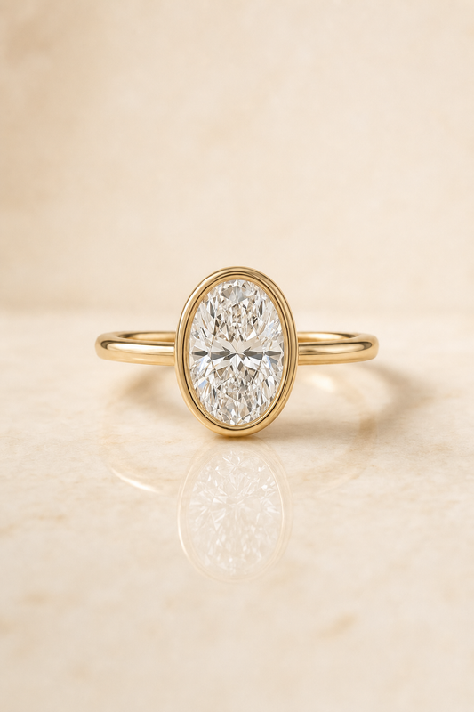 The Agnes Bezel Solitaire In Oval Engagement Ring Setting in 18K Yellow Gold