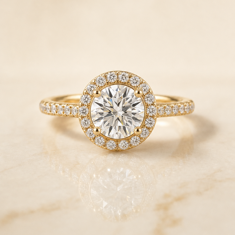 The Lucia Select Secret Gallery French Pavé Halo Round Lab Diamond Engagement Ring in 18K Yellow Gold