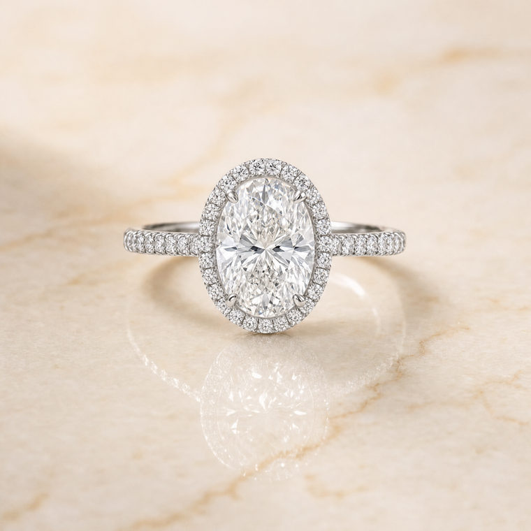 The Dylan Petite French Pavé Halo Oval Engagement Ring Setting in Platinum