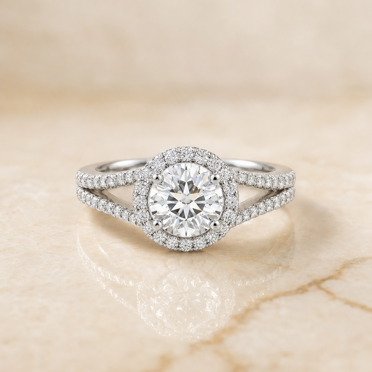 The Aretha Select Split Shank Pavé Halo Round Lab Diamond Engagement Ring in 18K White Gold