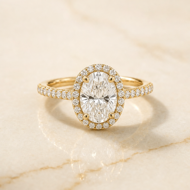 The Dylan Select Petite French Pavé Halo Oval Lab Diamond Engagement Ring in 18K Yellow Gold