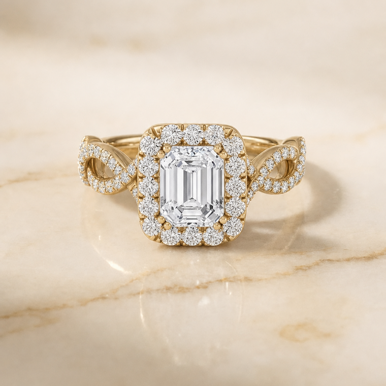 The Annie Select Halo Emerald Cut Lab Diamond Engagement Ring in 18K Yellow Gold