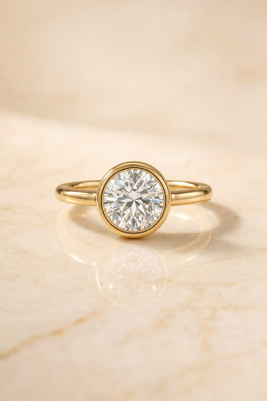The Agnes Bezel Solitaire In Old European Engagement Ring Setting in 18K Yellow Gold