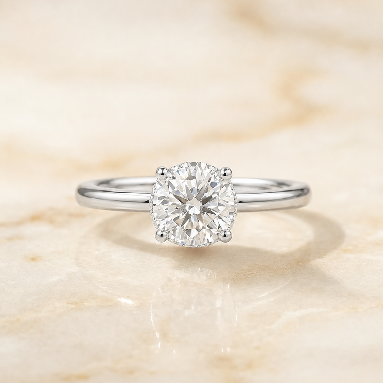 The Lana Select Secret Halo Adorned Prong Solitaire Cushion Cut Lab Diamond Engagement Ring in Platinum