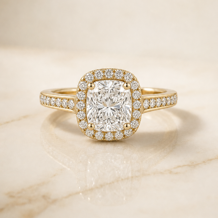 The Genesis Select Pav Halo Cushion Cut Lab Diamond Engagement Ring in 18K Yellow Gold