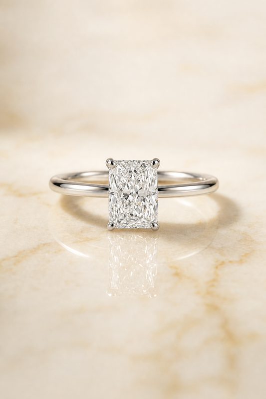The Eartha Upper Hidden Halo Solitaire Radiant Cut Engagement Ring Setting in 18K White Gold