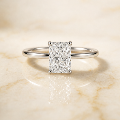 The Eartha Select Upper Hidden Halo Solitaire Ra Radiant Cut Lab Diamond Engagement Ring in 18K White Gold
