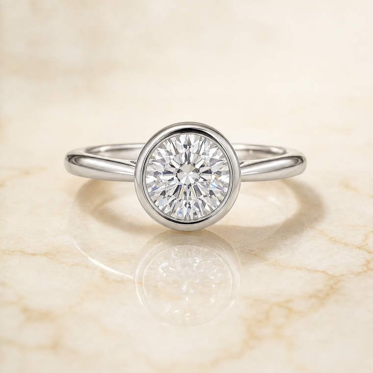 The Duran Select Simple Bezel Solitaire Round Lab Diamond Engagement Ring in Platinum