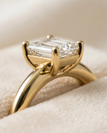 Tori Select Solitaire Emerald Cut Lab Diamond Engagement Ring in 18K Yellow Gold, detail view | RockHer