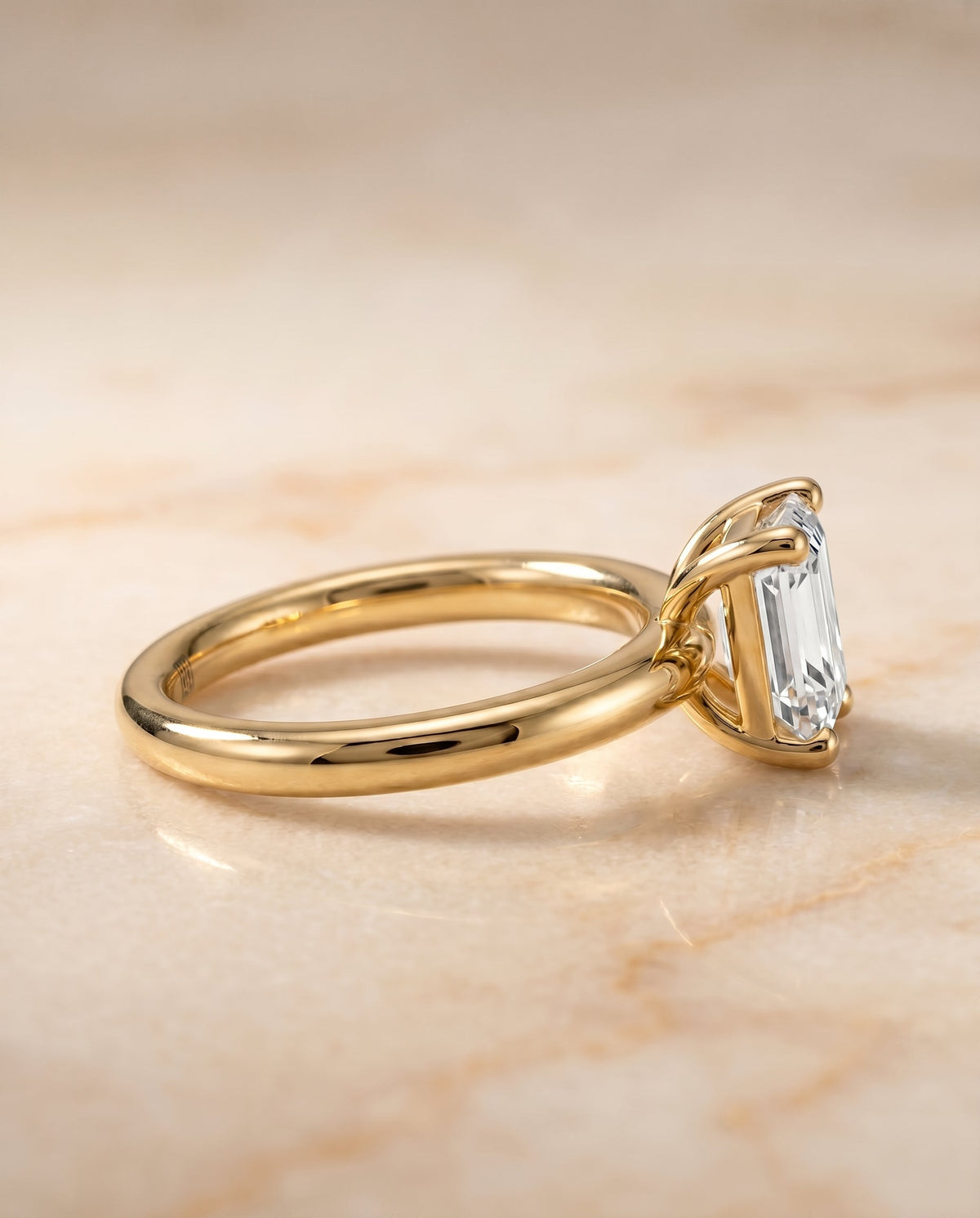 Tori Select Solitaire Emerald Cut Lab Diamond Engagement Ring in 18K Yellow Gold, side view | RockHer