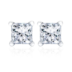 Natural Diamond Princess Cut Four Prong Stud Earrings in 14K White Gold – front view | RockHer