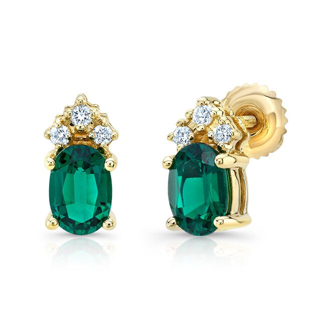 Diamond And Emerald Earrings In 14k Yellow Gold