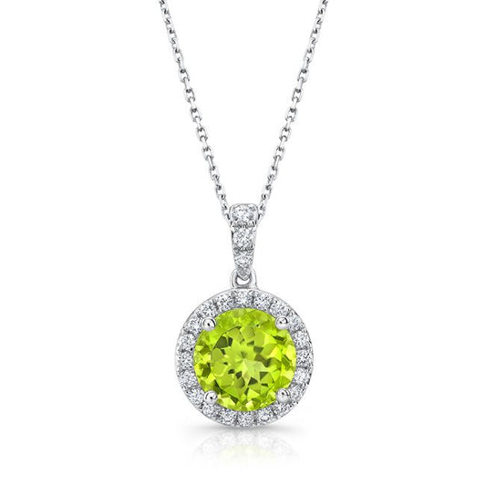 Peridot And Diamond Circle Halo Pendant In 14k White Gold With 18 Inch Baby Curb Chain