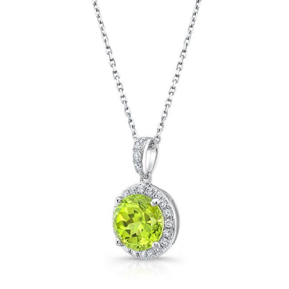 Peridot And Diamond Circle Halo Pendant In 14k White Gold With 18 Inch Baby Curb Chain