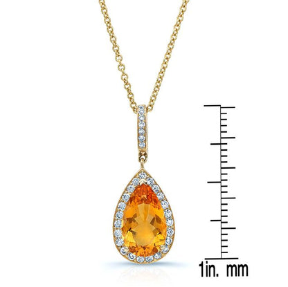 Citrine And Diamond Teardrop Pendant In 14k Yellow Gold With Adjustable Rolo Chain
