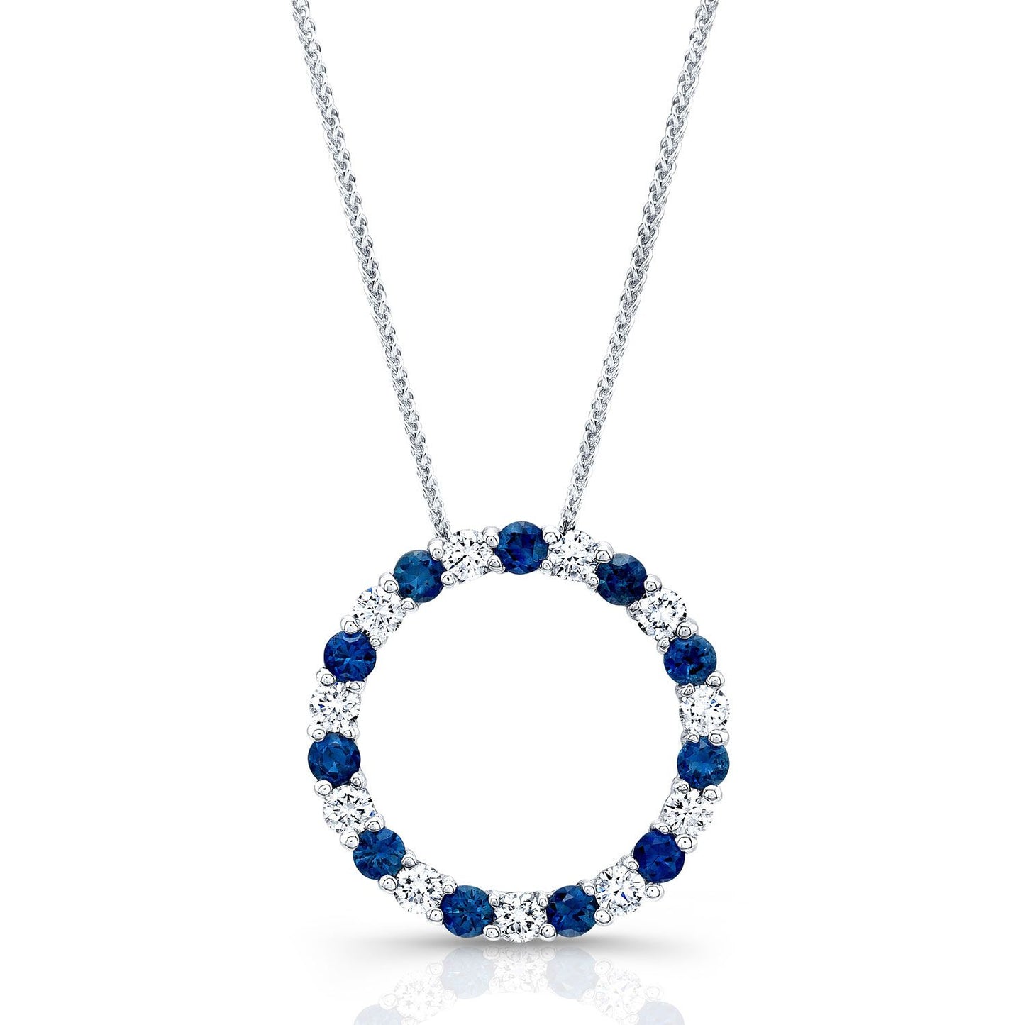 Sapphire And Diamond Circle Pendant In 14k White Gold 17-inch Chain