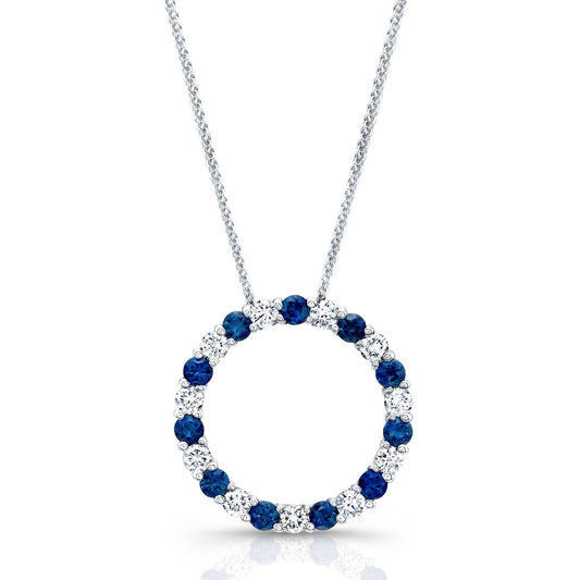 Sapphire And Diamond Circle Pendant In 14k White Gold 17-inch Chain