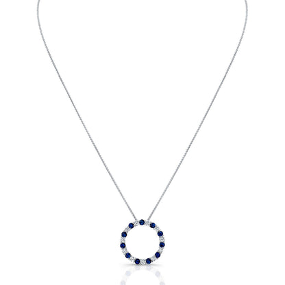 Sapphire And Diamond Circle Pendant In 14k White Gold 17-inch Chain